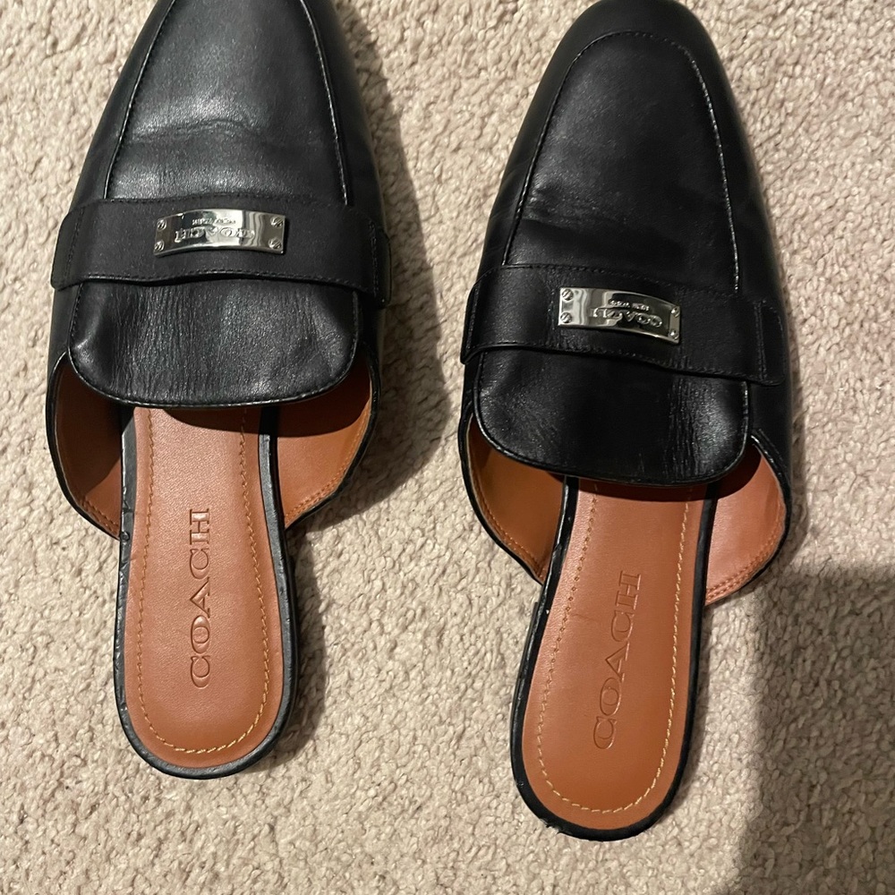 Coach Black Leather Slide Mules with Tan Insole